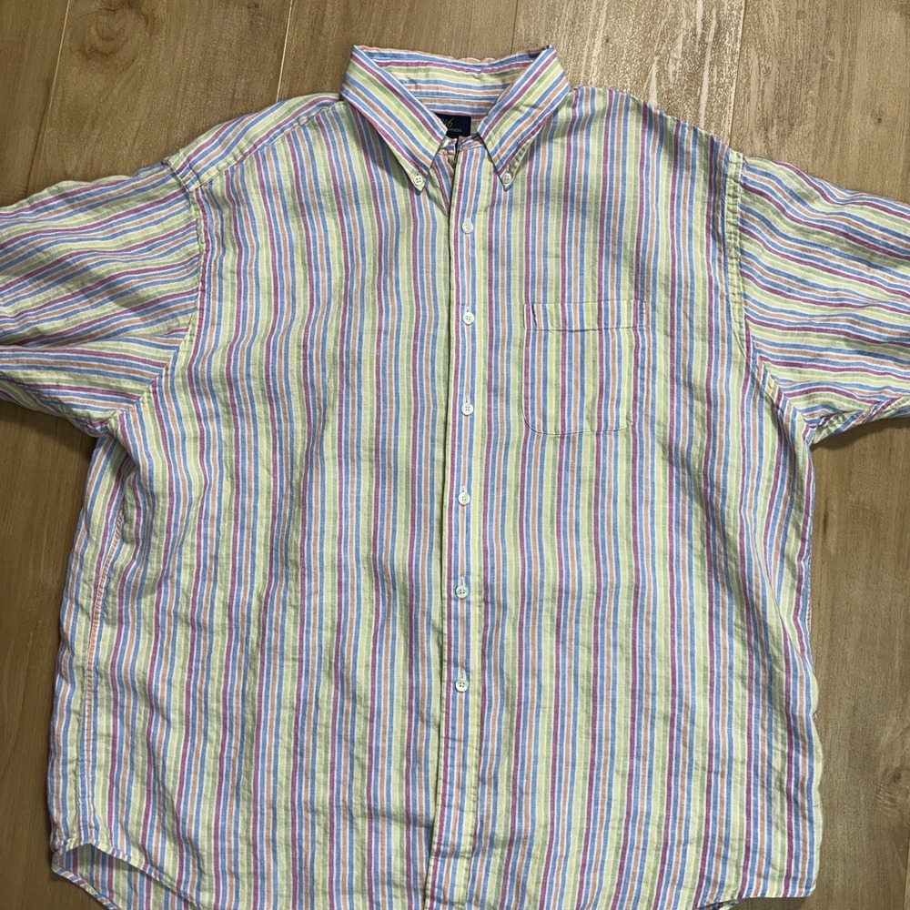 346 Brooks Brothers Mens XXL Short Sleeve Button Down Shirt Stripe Linen Pastels
